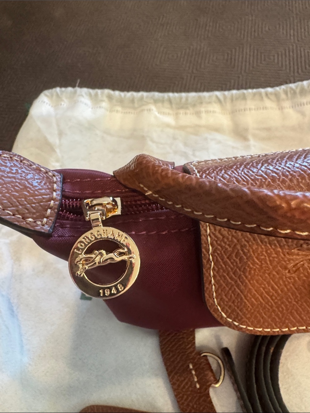 Longchamp Small Crossbody Bag in Burgundy with Brown Trim - Picture 3 of 6
